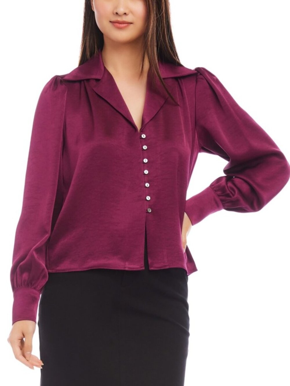 Karen Kane Wine Shirred Blouse Button Front Long Sleeve Top Size L NWT - Picture 2 of 4